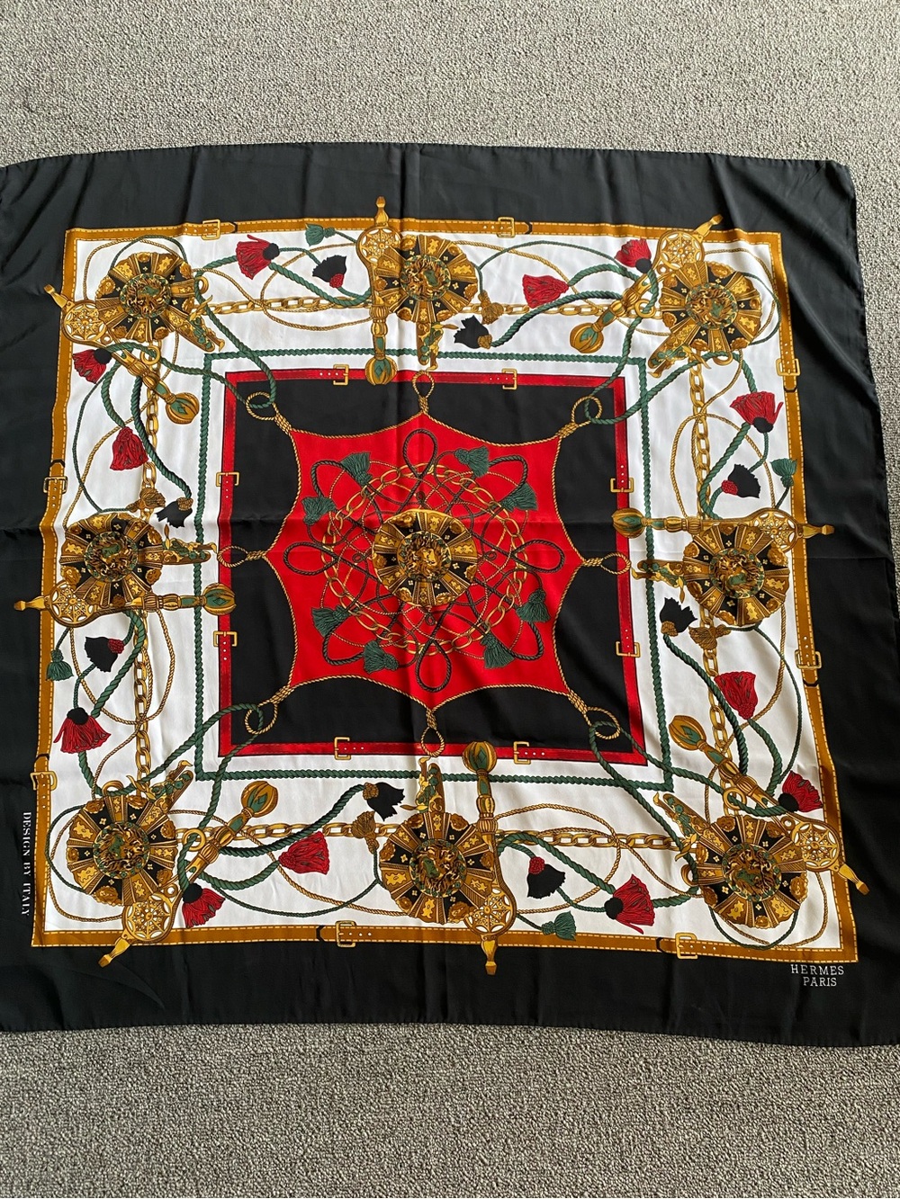 Hermès Silk Scarf - Black, Red, Gold Floral Chain Motif